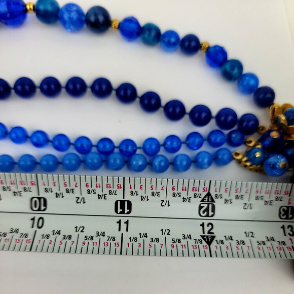 Vintage Blue Shades Bead Necklace 4 Strands Gold Tone Caps Graduated Round - Picture 8 of 12